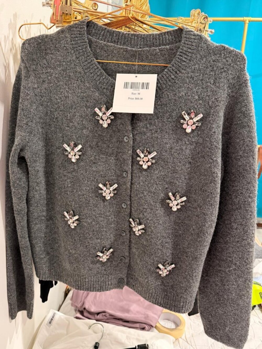 Grey rhinestone patch handmade cardigan